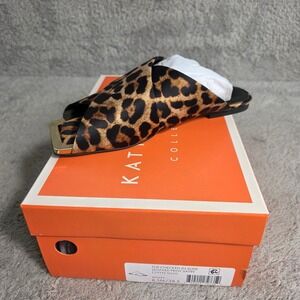 Katy Perry Leopard Slide‎ Flat Sandals Black Gold Metal Toe Accent 8.5M NEW